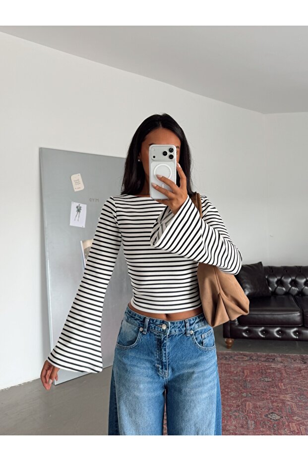 Kayık Yaka Striped Spanish Sleeve Blouse - Navy Blue