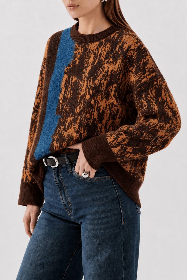 Ebruli Patterned Crew Neck Knitwear Sweater - Brown & Blue