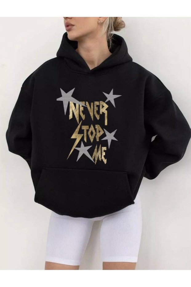 Black Never Stop Me Printed Oversize Hooded Sweatshirt