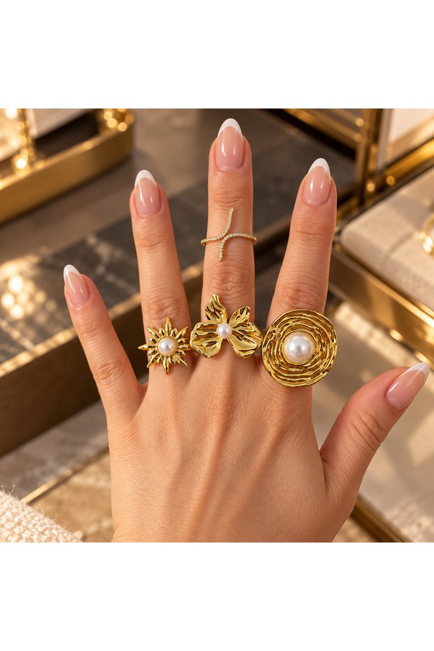 Vintage 4-Piece Women's Ring Set Gold Color Pearl Detailed Bow Flower Spiral Elegant Stylish Bijouterie Jewelry Accessory Combination Ring