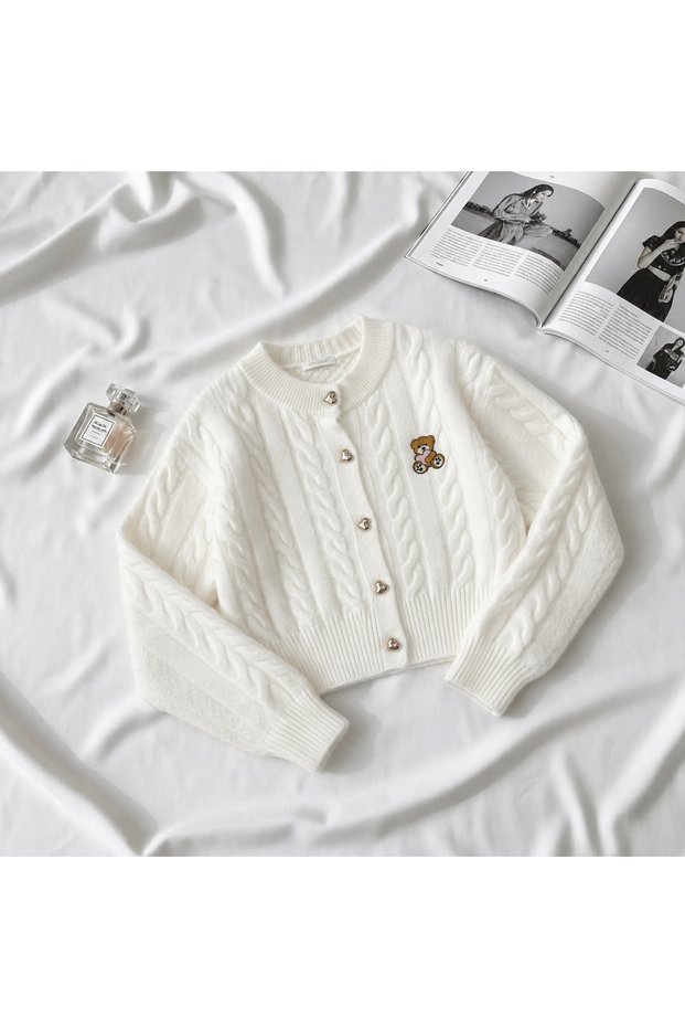 Teddy Bear Embroidered Hair Knit Cardigan - Ecru