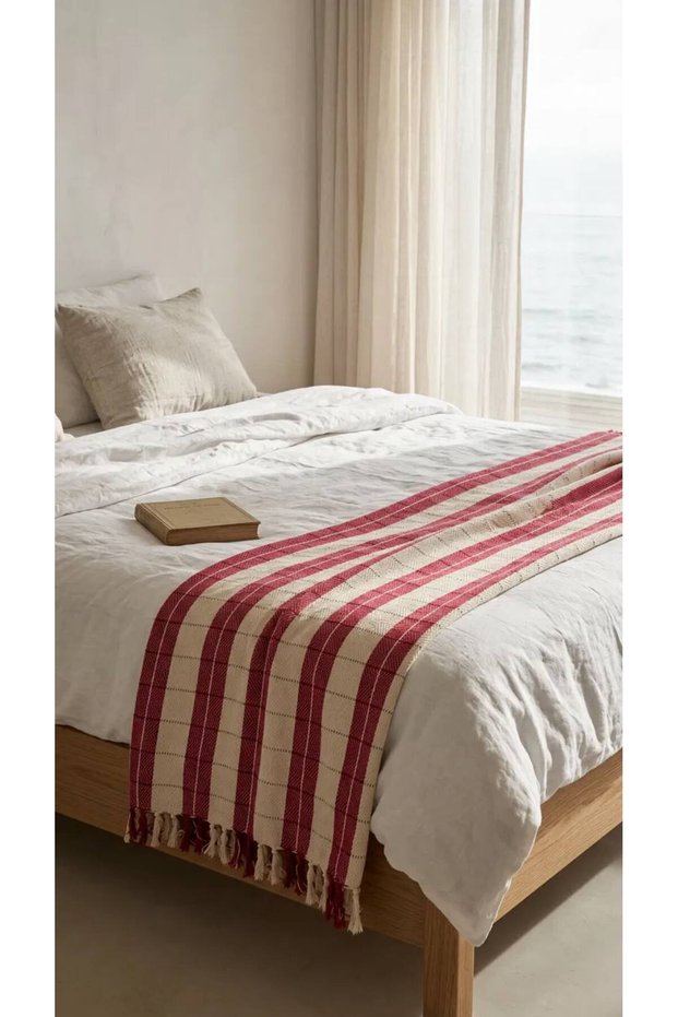 100% Cotton Karatezgah Woven Red Double Pique 200X240 cm Checkered Fringed Tv Blanket Sofa Shawl