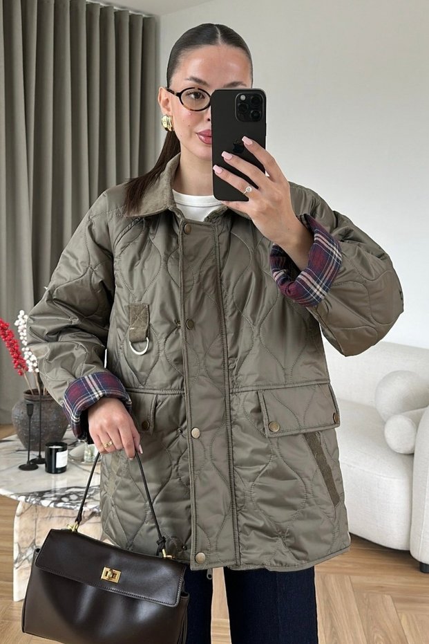 Women's Garnished Plaid Detailed Unlined Quilted Thin Coat - Khaki