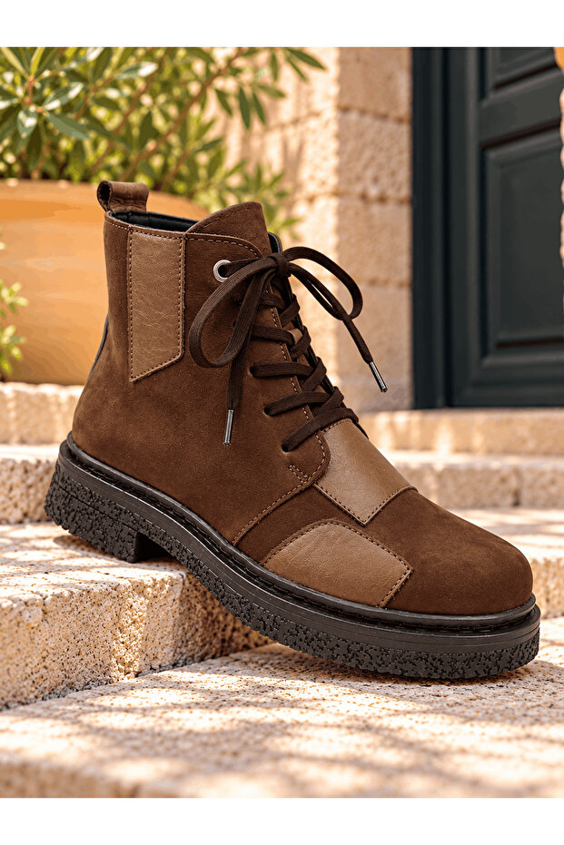 Genuine Leather Patchwork Detailed Lace-Up Boots Model Name: Parvati