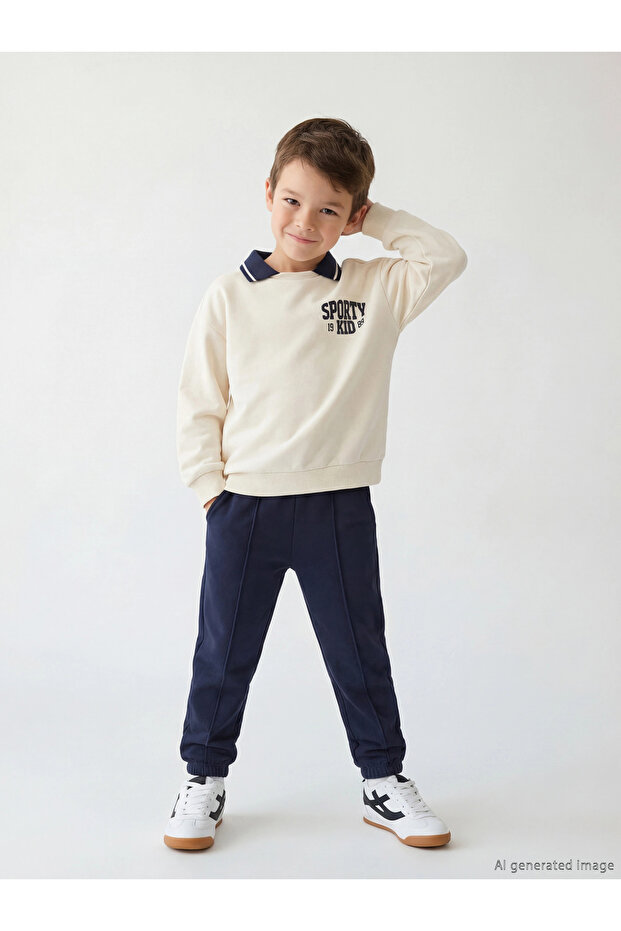 Beige Polo Collar Printed Boy's Thick Tracksuit Set