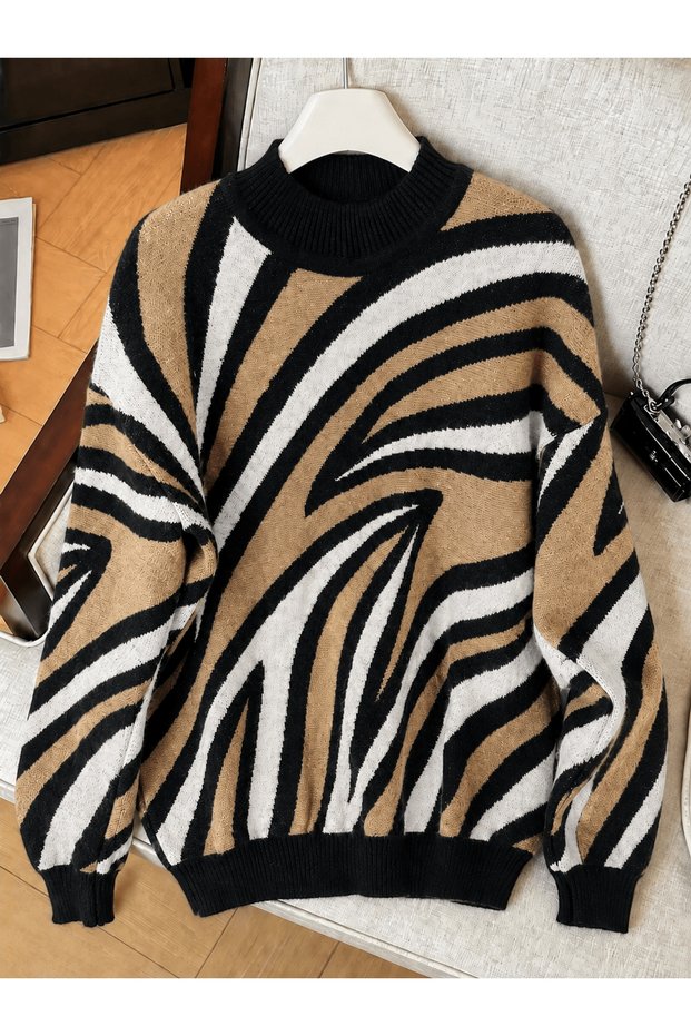 Zebra Pattern Half Fisherman Knitwear Sweater - Black & Camel