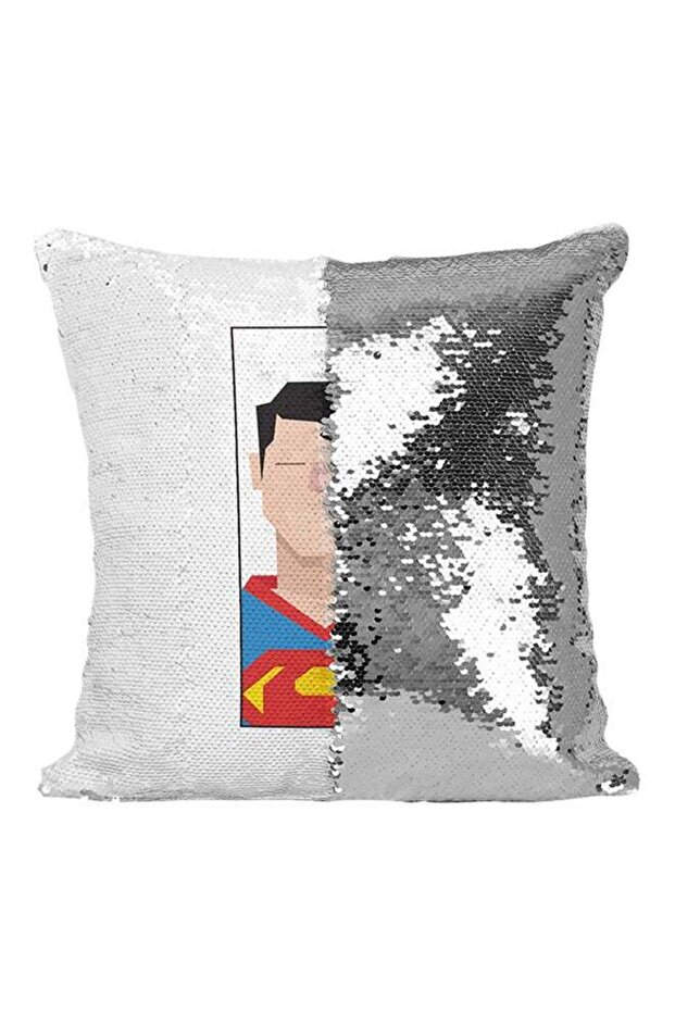 Superman Superhero Sequined Throw Pillow Silver/White/Blue 16x16inch