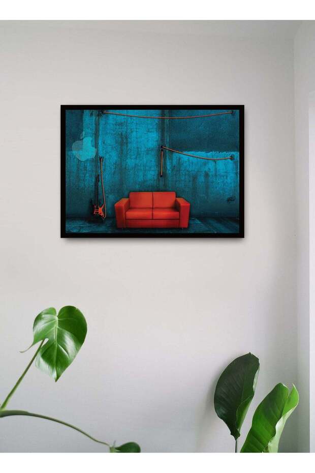Wall Posters with Red Sofa with Blue Wall Background Picture and Black Frame - Wall Arts Home Décor