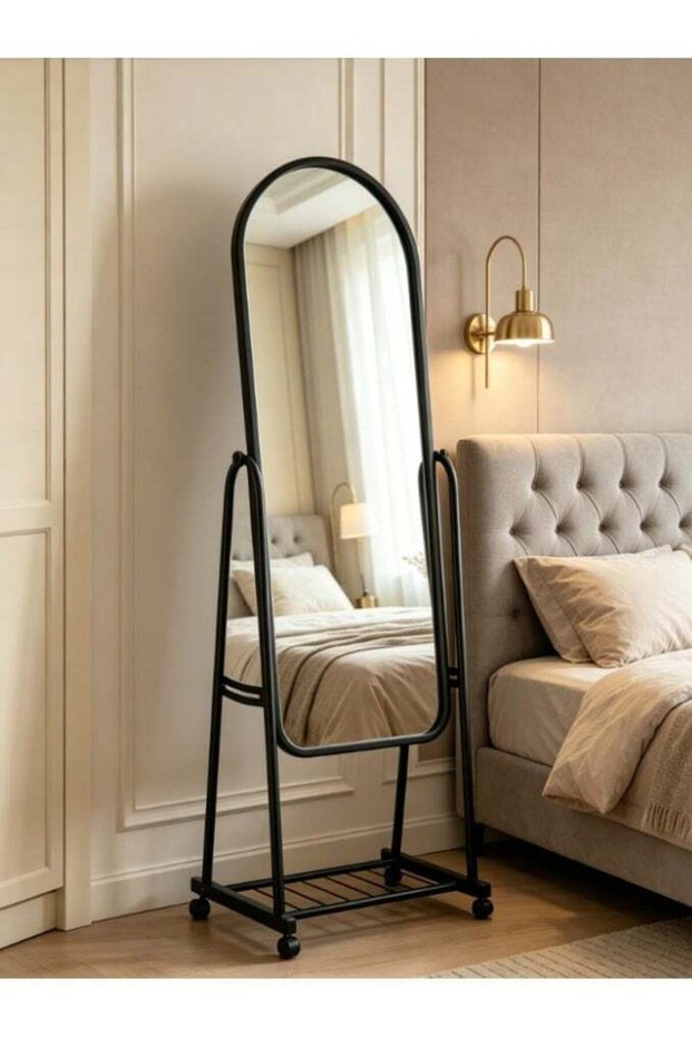 Rolling Full Length Mirror with Storage Shelf, Arched Free Standing Full Body Mirror on Wheels, 360