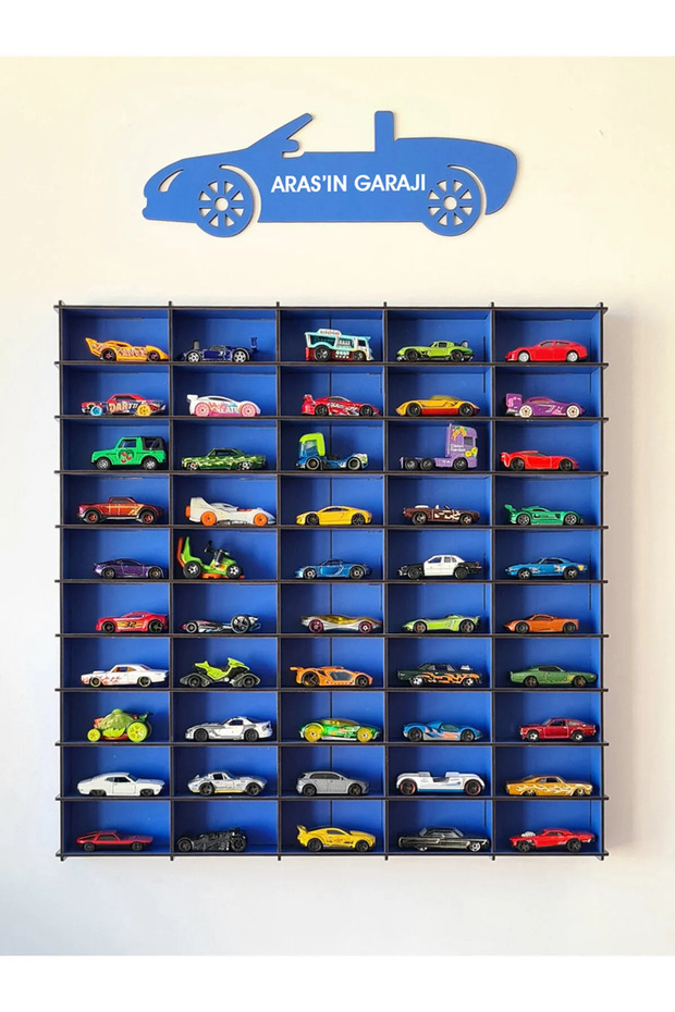 Blue 50-Piece Wooden Toy Car Rack / Mini Car Display Stand Wall Shelf