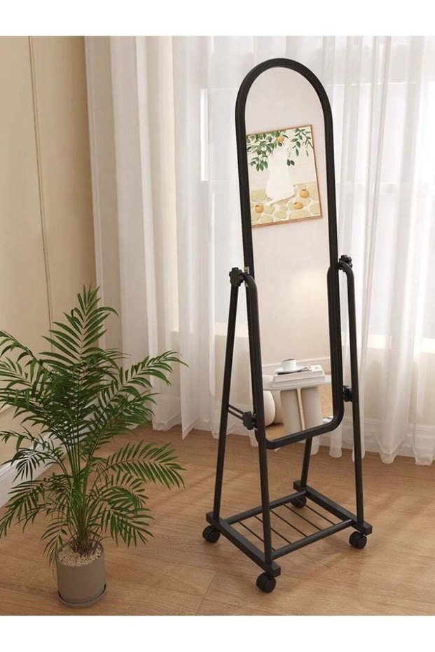 Full Length Mirror, Arched Full Body Mirror with Wheels & Storage Shelf, Movable Floor Standing Dre
