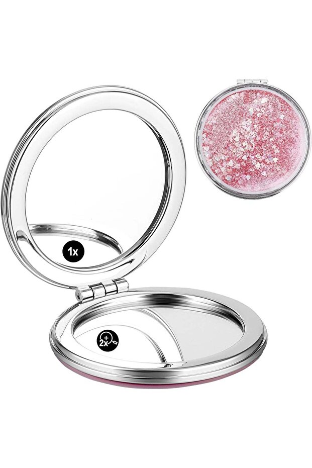 Small Compact Mirror, Portable Folding Pocket Makeup Mirror, Round Hand Held Mirror, Glitter Quicks