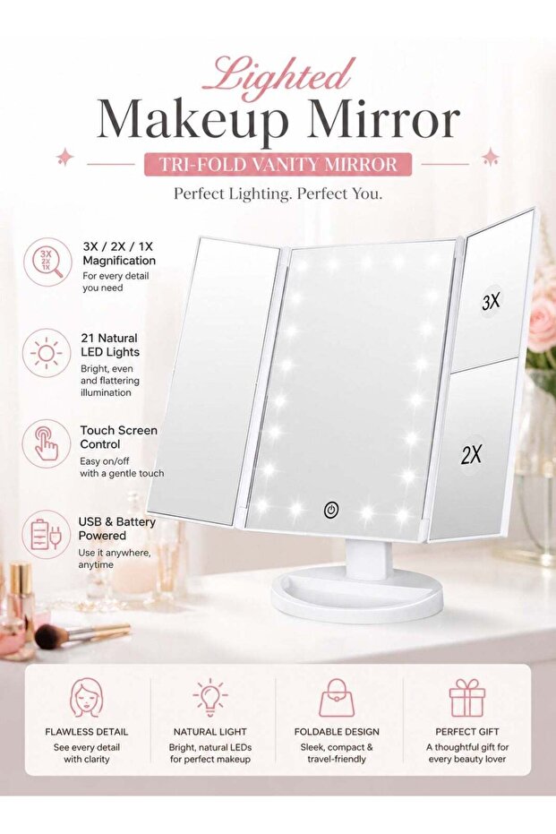 Lighted Tri-fold Makeup Vanity Mirror with 3X/2X/1X Magnification, 21 LED Lights, Touch Screen, USB