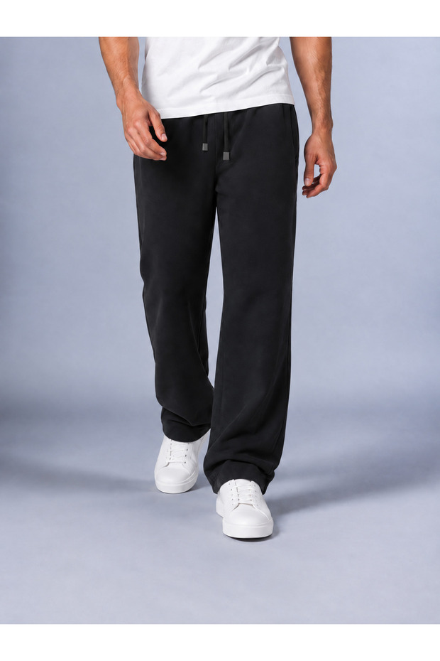Men's Black Pique Fabric Baggy Loose Fit Trousers with Pocket Detail