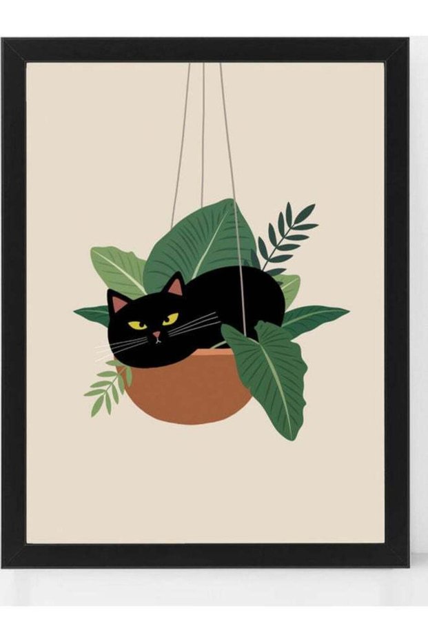Black Fat Cat Illustration Art Poster With Frame Multicolour 30x40cm