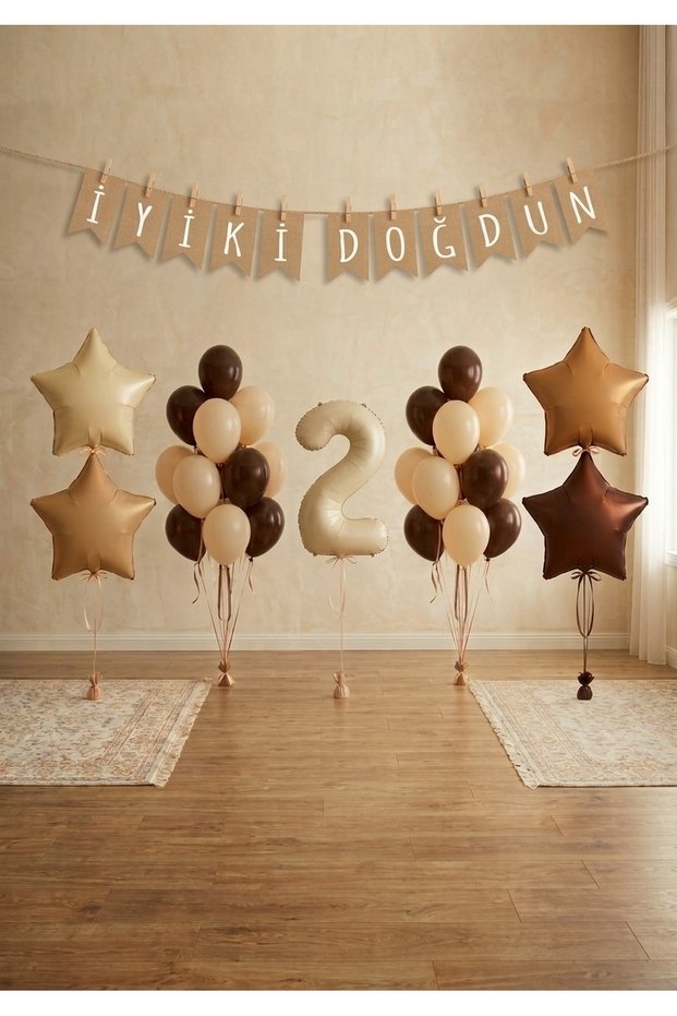 2 Year Old Birthday Decoration Set with Number Foil Balloons, Cream Coffee Party Decoration