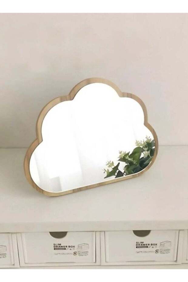 Creative Cloud Wooden Vanity Mirror With Stainless Steel Stand, Minimalist Aesthetic Desktop Makeup
