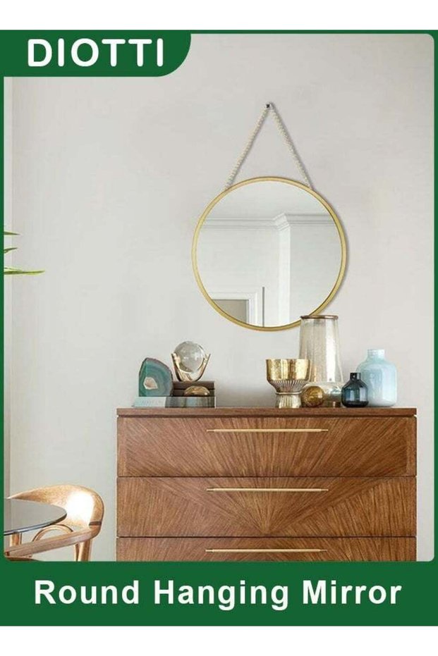 Gold Round Hanging Mirror with Chain, 25cm Diameter Wall Decor, Shaving and Bathroom Mirror, Stylis