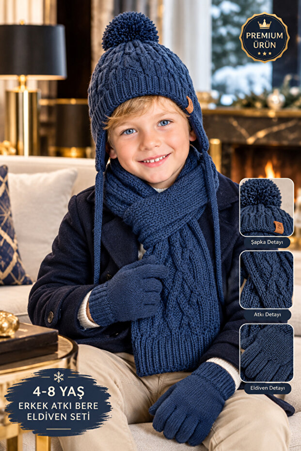 Luxury 4-8 Years Old Boys' Scarf, Beanie, Glove Set 3-Piece Winter Set Premium Beanie, Scarf and Gloves with Pompom