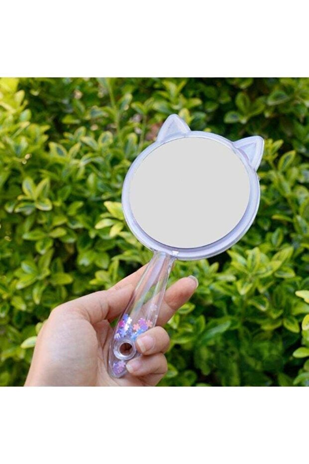 25cm handheld makeup mirror with cat ears design and glitter in the handle