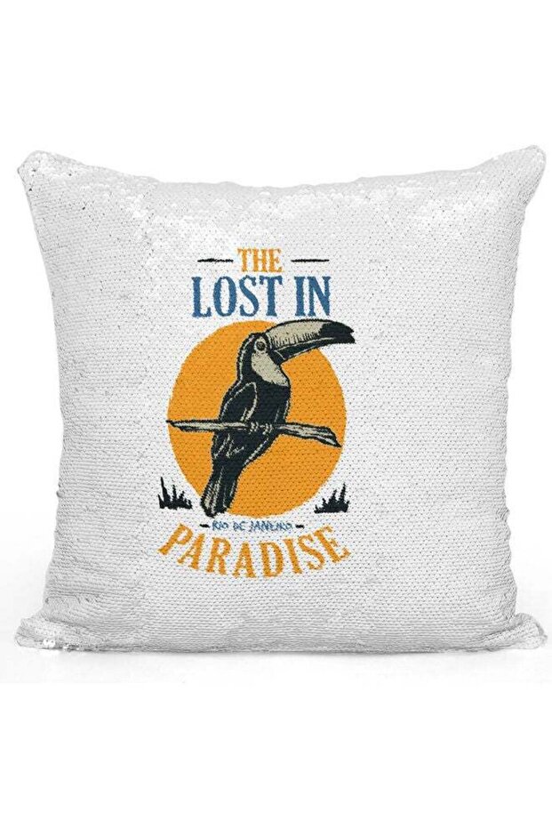 Lost In Paradise Themed Sequin Decorative Throw Pillow White/Yellow/Silver 40x40cm