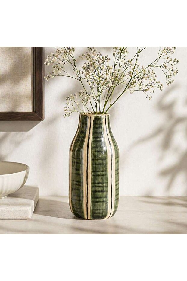 Emi Stoneware Linear Glaze Vase 10x10x20cm - Green - 112AIC9905011