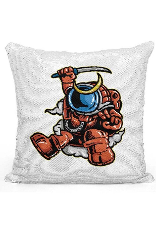 Astronaught Funny Themed Sequin Decorative Throw Pillow White/Silver/Red 40x40cm