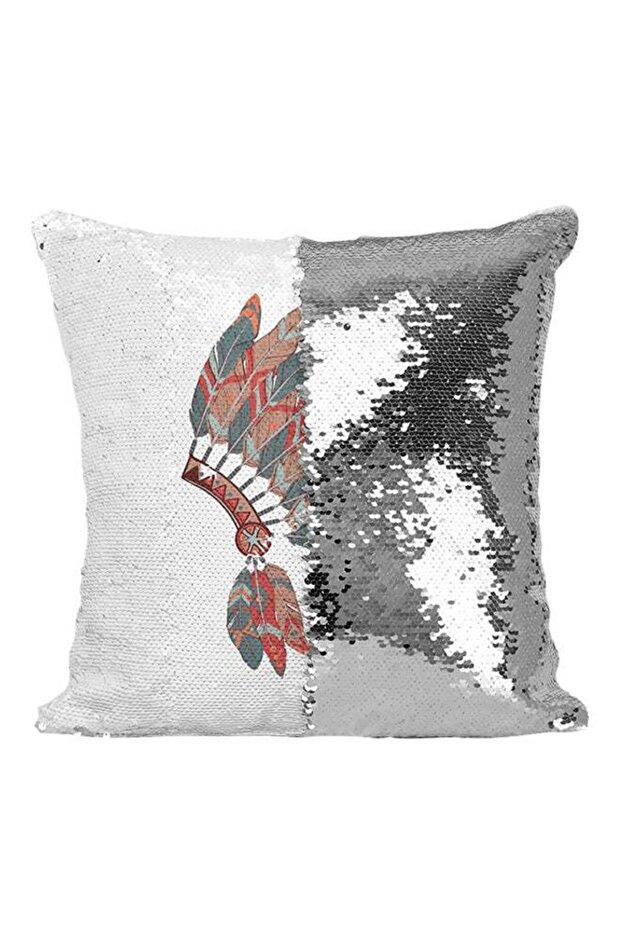 Native Tribal Hat Headdress Feather Sequined Throw Pillow Silver/Black/White 16x16inch
