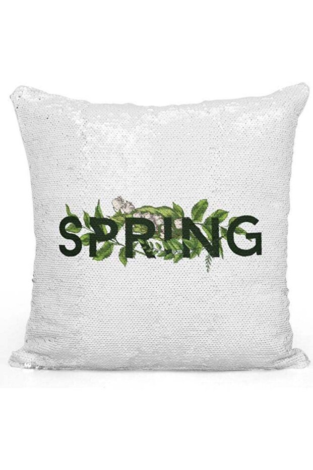 Spring Day Themed Sequin Decorative Throw Pillow White/Silver/Green 40x40cm