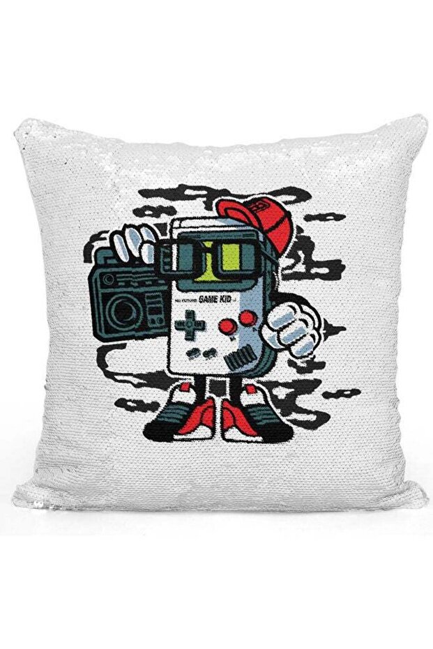 Game Boy Themed Sequin Decorative Throw Pillow White/Silver/Black 40x40cm