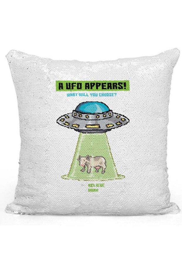 A UFO Appears Printed Sequin Decorative Throw Pillow White/Green/Silver 40x40cm