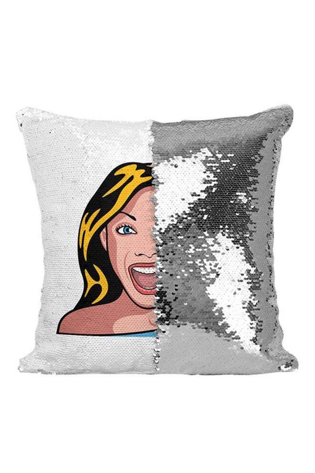 Modern Women Look Long Hairs Sequined Throw Pillow Multicolour 16x16inch