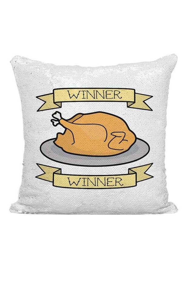 PUBG Chicken Dinner Sequined Cushion White/Brown/Silver 16x16inch