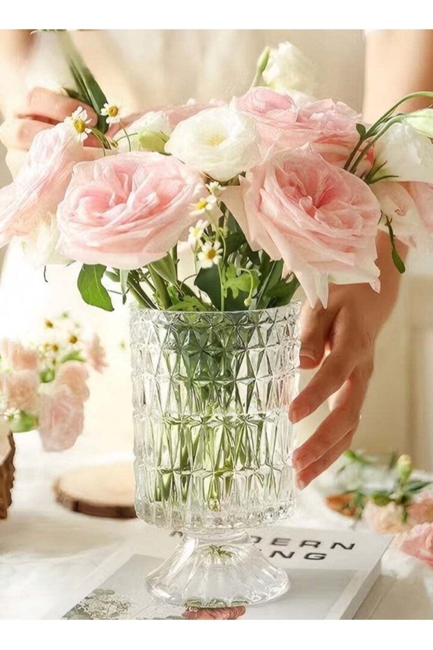 Clear Glass Vase，Embossed Glass Vase，Crystal Glass Ribbed Footed Flower Vase，Clear Pedestal Vases f