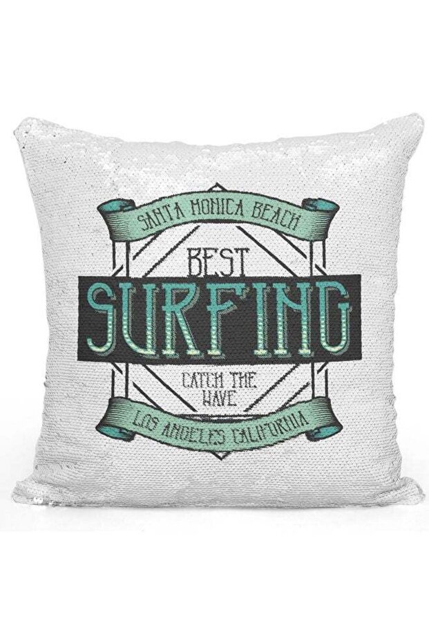 Best Surf Themed Sequin Decorative Throw Pillow White/Silver/Green 40x40cm