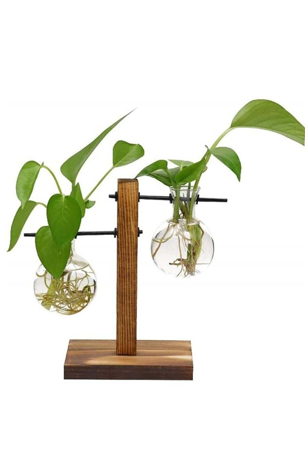 Desktop Glass Flower Pot Vase with Retro Solid Wood Small Bench Frame for Hydroponic Plant Family G