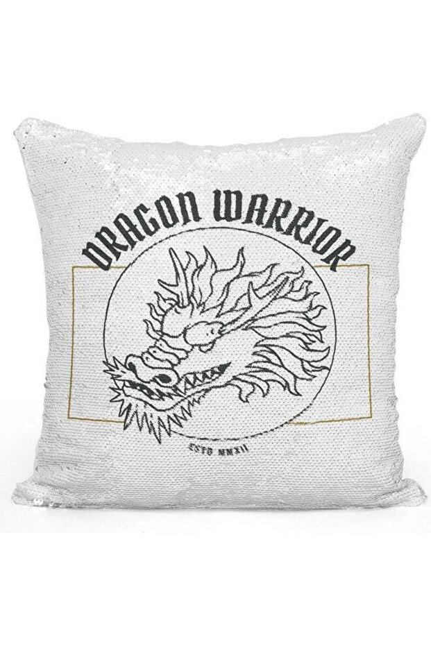 Dragon Warrior Themed Sequin Decorative Throw Pillow White/Black/Silver 40x40cm