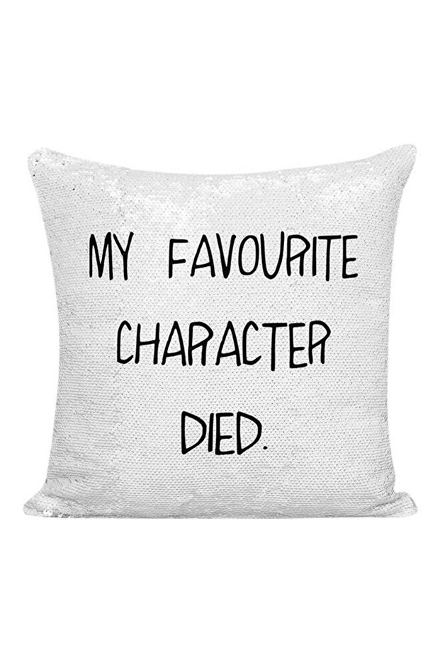 My Favourite Character Died Sequined Pillow Silver/White/Black 16x16inch