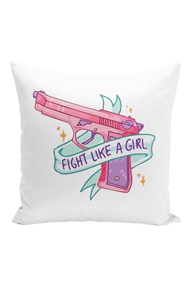 Fight Like A Girl Quote Printed Decorative Pillow White/Pink/Green 16x16inch