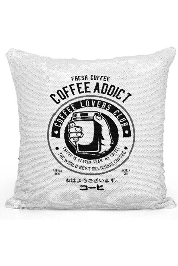 Coffee Addict Themed Sequin Decorative Throw Pillow White/Silver/Black 40x40cm