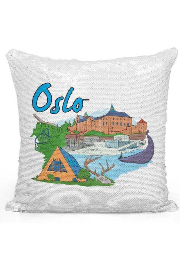 Oslo Themed Sequin Decorative Throw Pillow White/Silver/Blue 40x40cm