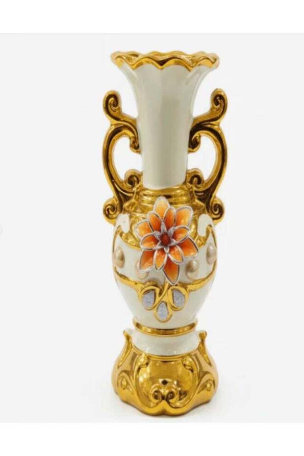 AKDC Luxury Ceramic Flower Vase – Elegant White with Gold Finish and Floral Embellishment, 25.5 cm