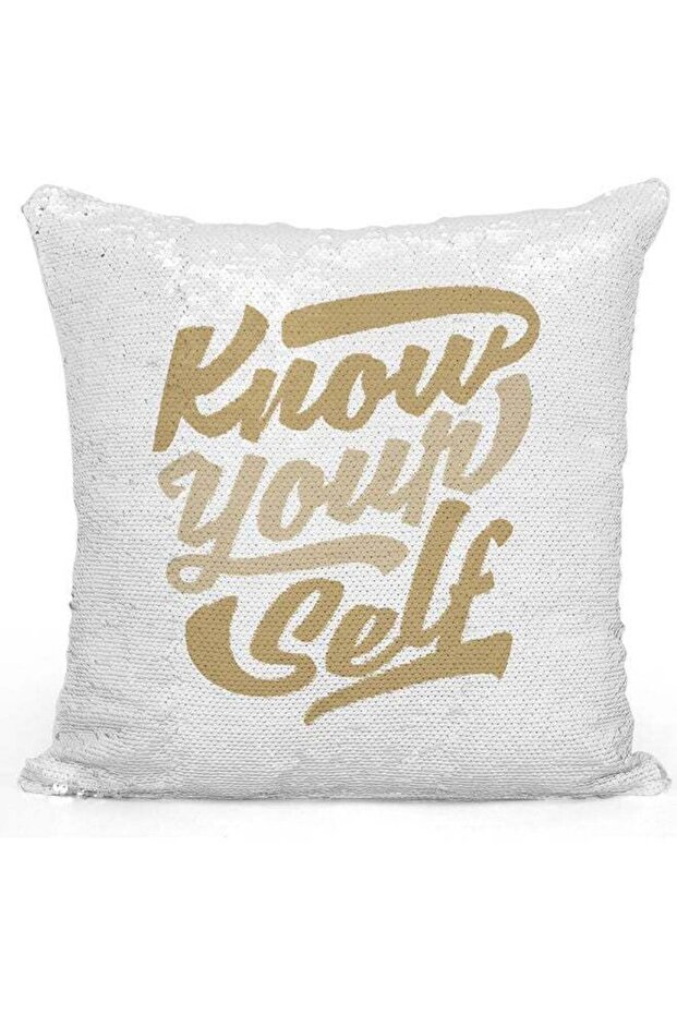 Know Your Self Themed Sequin Decorative Throw Pillow White/Beige/Silver 40x40cm