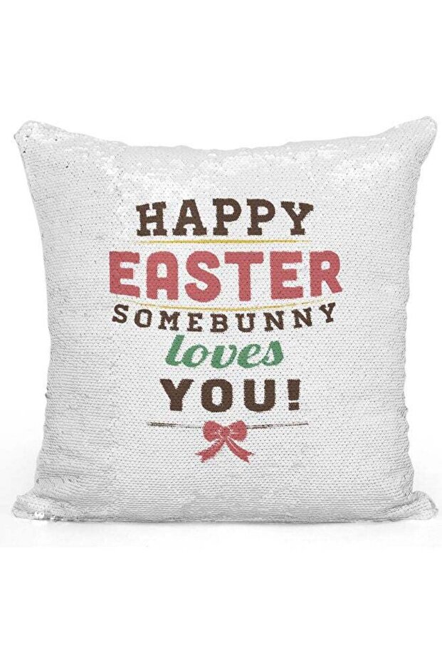 Easter Day Themed Sequin Decorative Throw Pillow White/Silver/Red 40x40cm