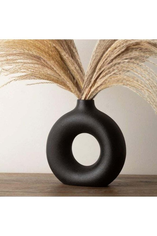 LATIFA Ceramic Round Donut Vase, Black 7.5" Tall, Modern Home Decor for Pampas Grass