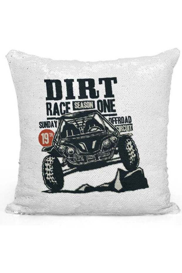 Dirt Race Themed Sequin Decorative Throw Pillow White/Black/Silver 40x40cm
