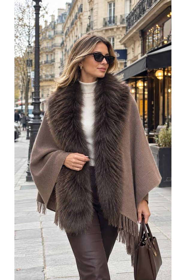 Brown Faux Fur Tassel Shawl Women's Poncho