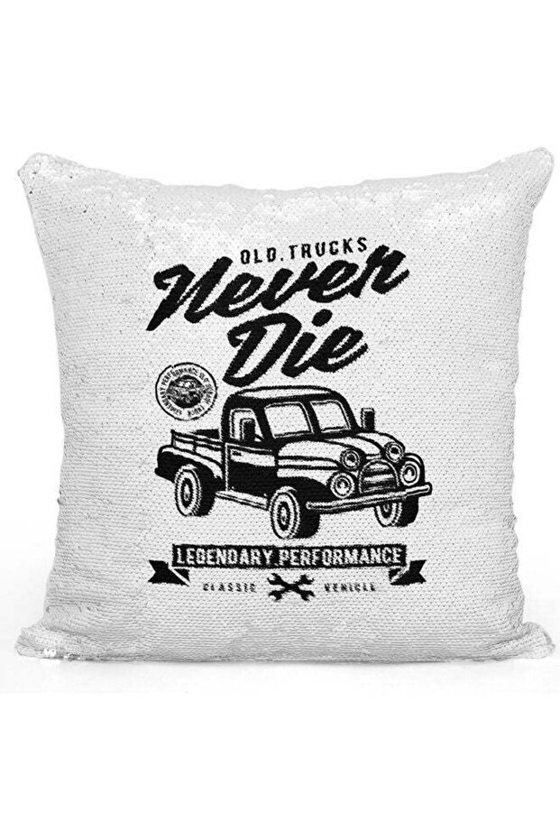 Old Truck Quote Themed Sequin Decorative Throw Pillow White/Black/Silver 40x40cm