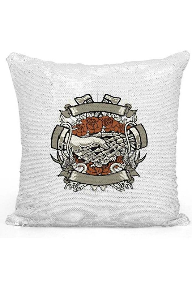 Handshake Themed Sequin Decorative Throw Pillow White/Brown/Silver 40x40cm