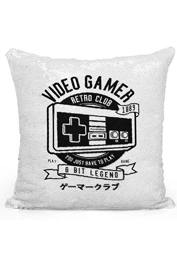 Video Gamer Printed Sequin Decorative Throw Pillow White/Black/Silver 40x40cm